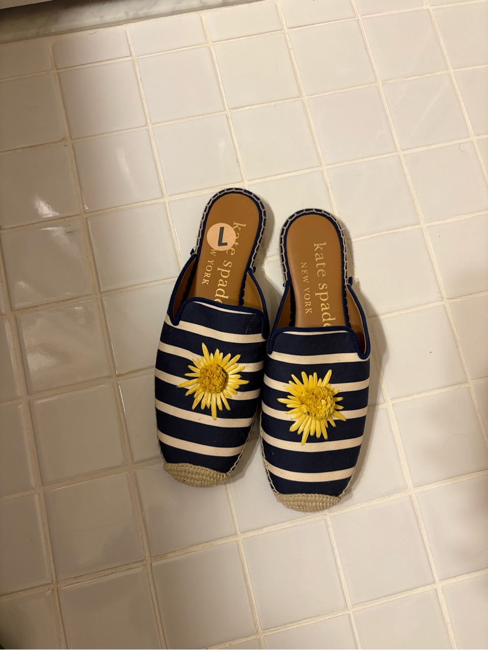 kate spade Navy and White Striped Slip-On Mules with Yellow Flower Appliqués